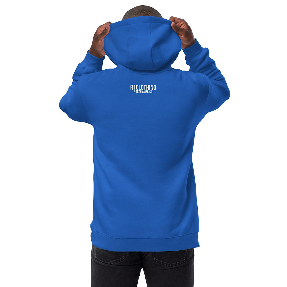 Miniature : Man wearing blue hoodie with white text, Slots ROULETTE Hoodie on back, www.r1clothing.com