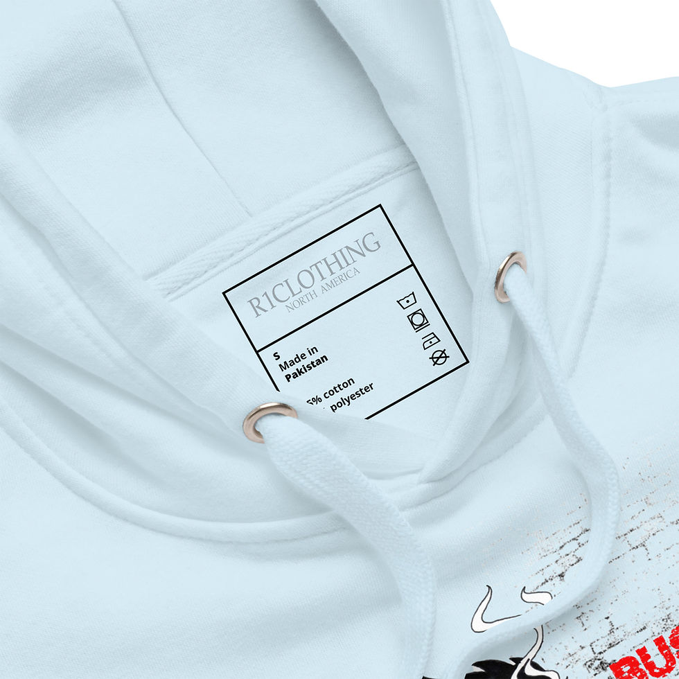 縮圖：White hoodie with visible text: R1CLOTHING, made in Pakistan. www.r1clothing.com