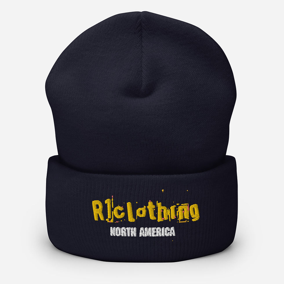 الصورة المصغرة: Navy beanie with yellow R1Clothing North America logo, apparel accessory.