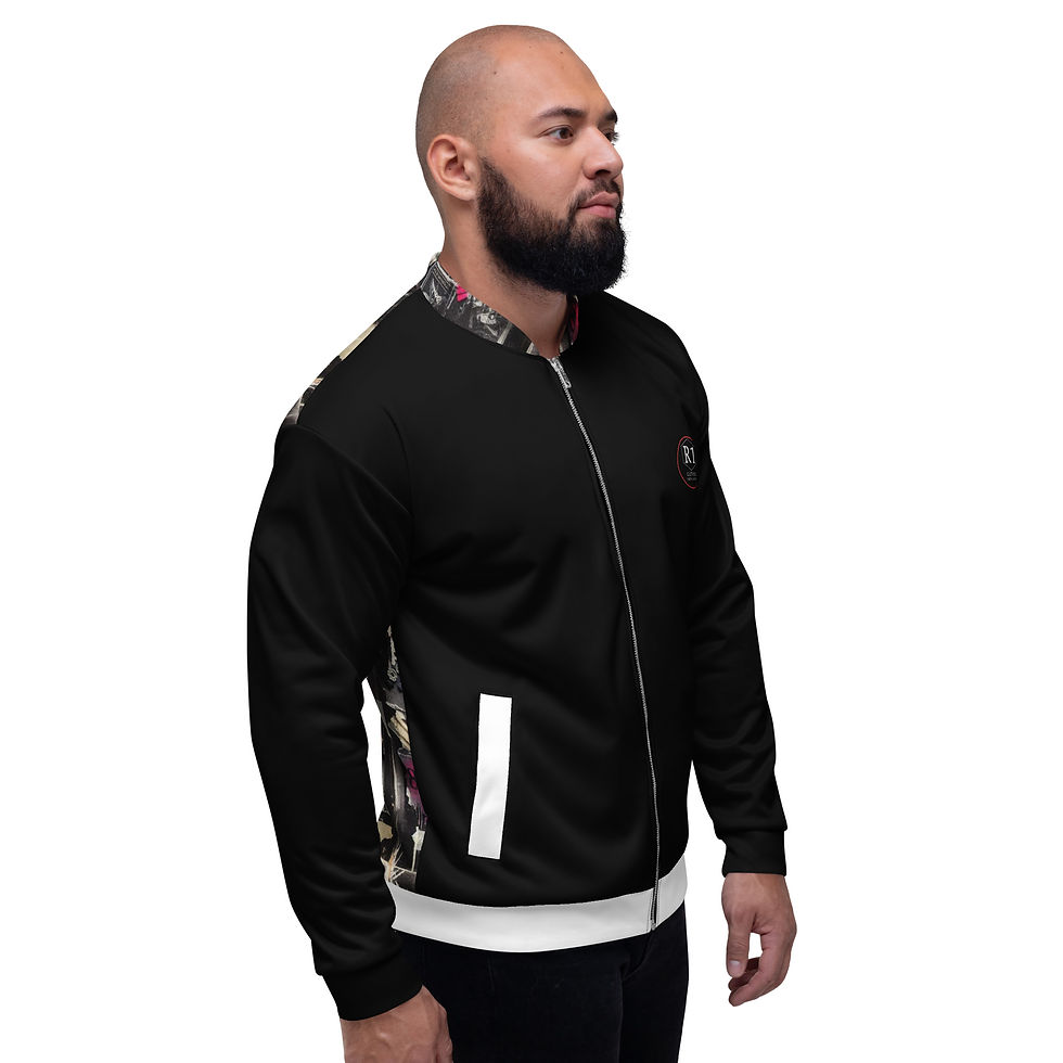 Miniatura: Man wearing black jacket with floral design; a fashion statement. www.r1clothing.com