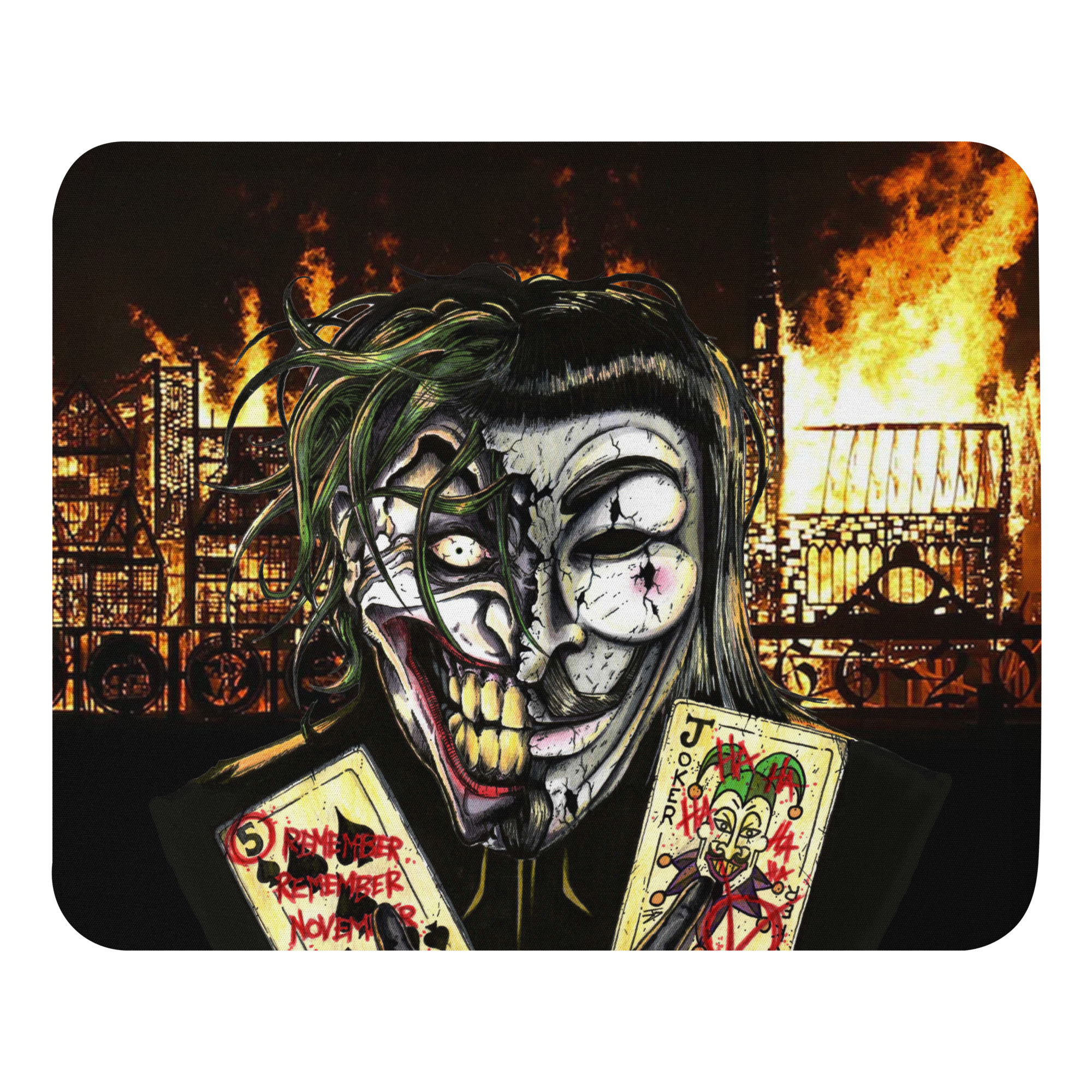 The Joker's face, playing cards with fire in the background and a dark scene.