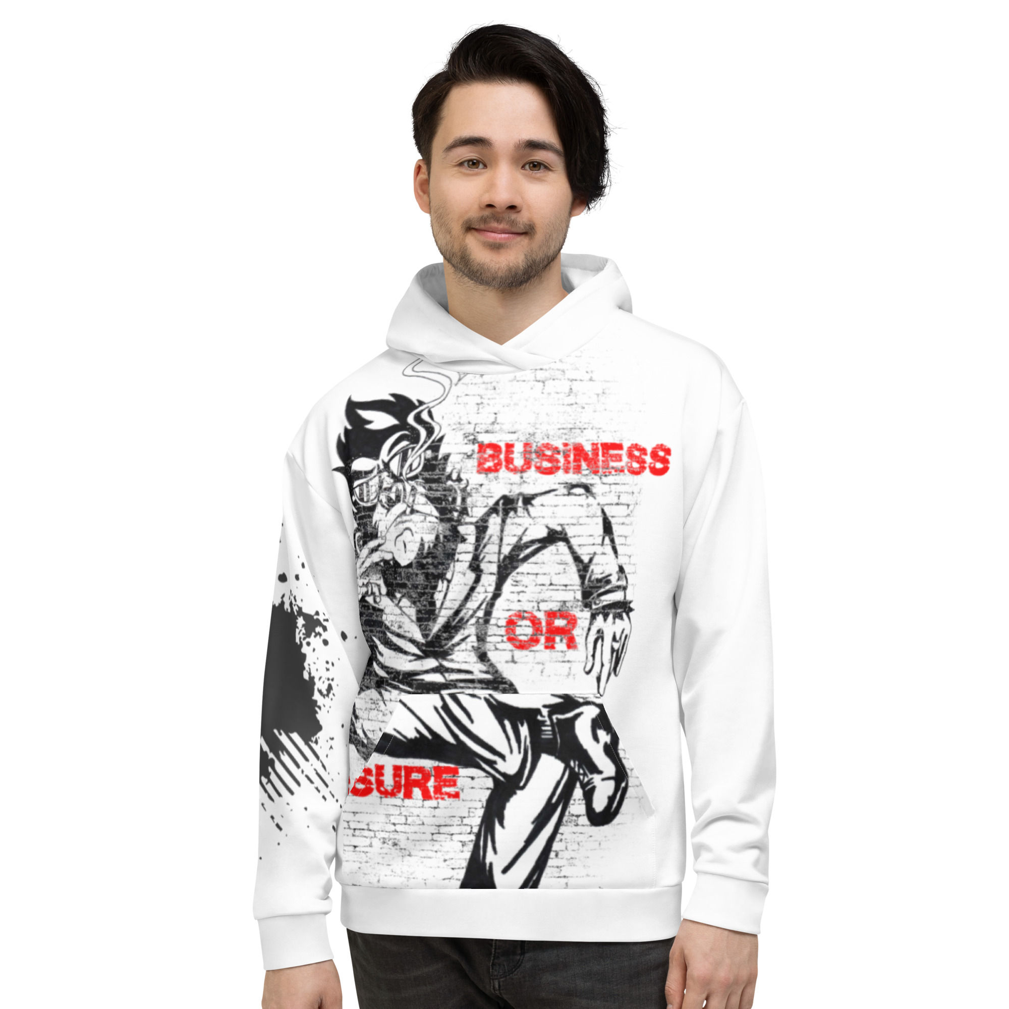 Man wearing white hoodie with "Business or Pleasure" graphic, R1clothing North America Hoodie.