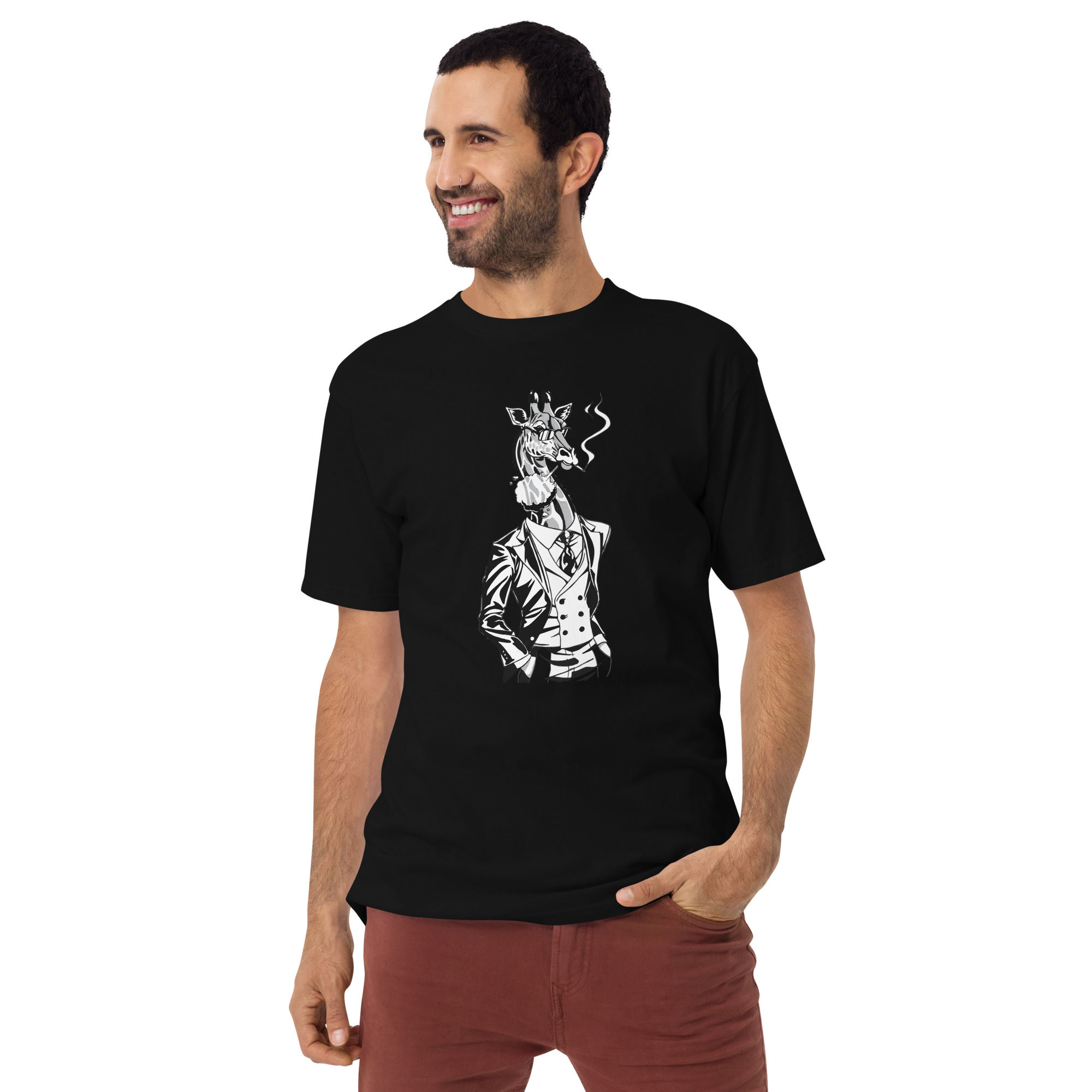 Man wearing black t-shirt with giraffe graphic and www.r1clothing.com