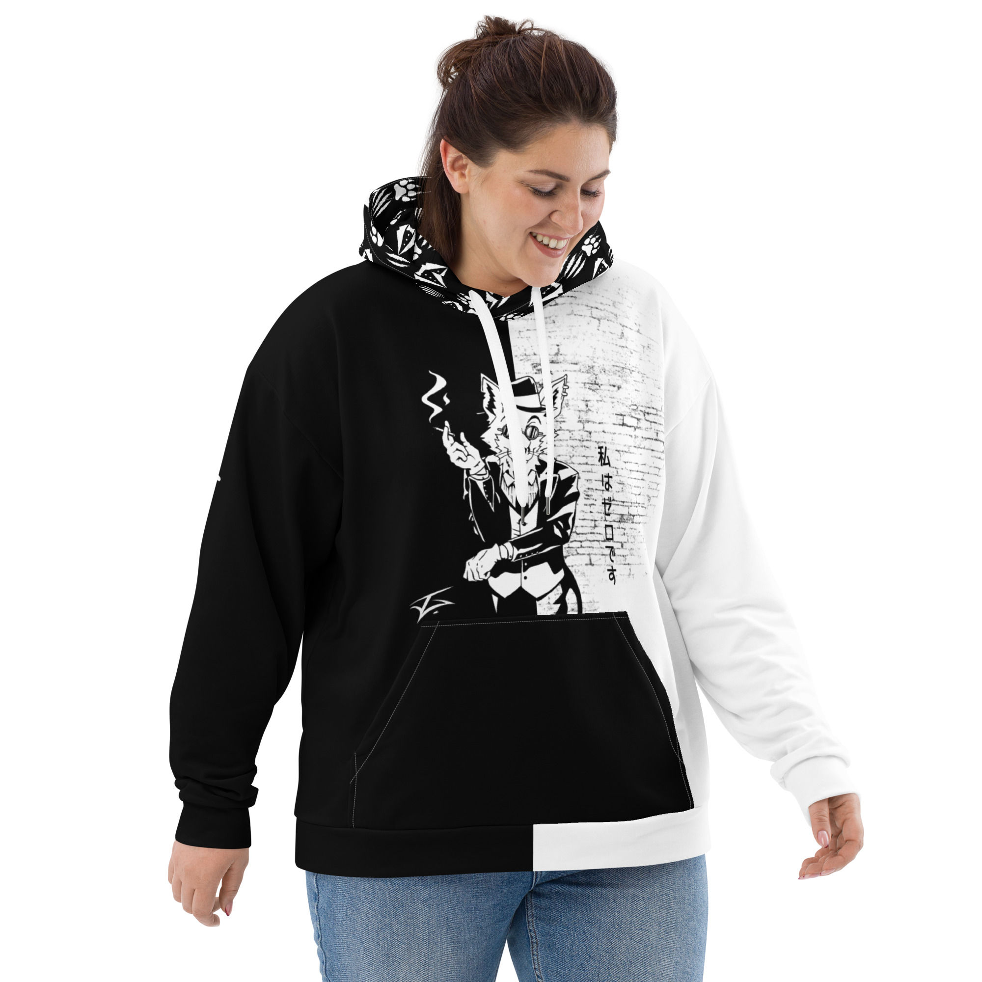 Woman wearing black and white hoodie with an artistic design www.r1clothing.com