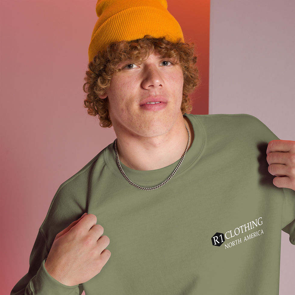 Thumbnail: Young man modeling R1clothing North America Hoodie with text on sweatshirt, www.r1clothing.com