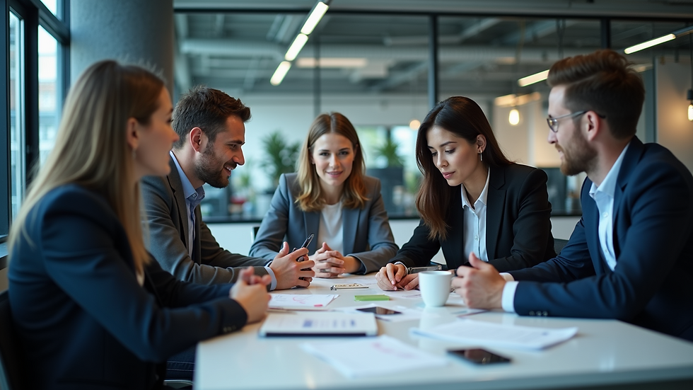 Eye-level view of a business team discussing IT solutions