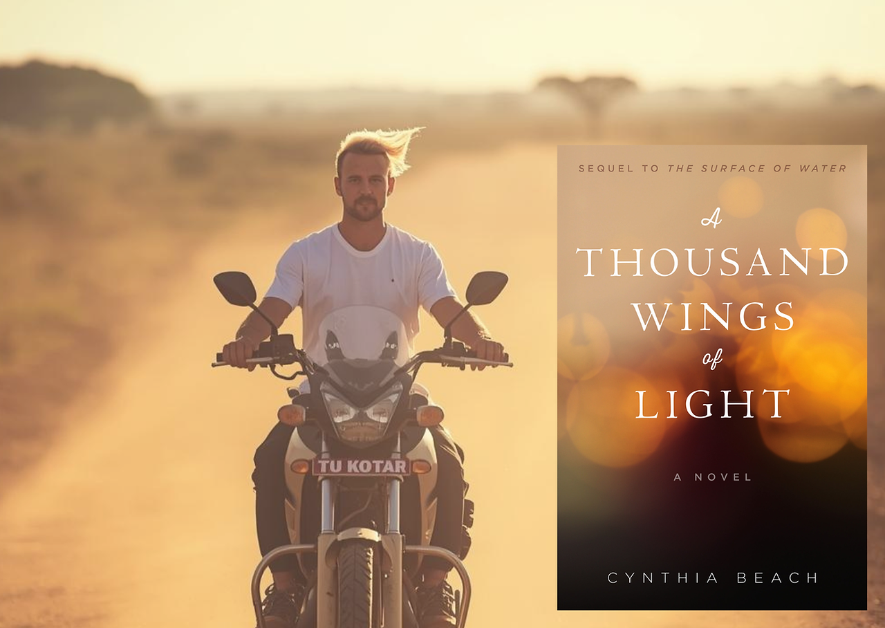 man on motorcycle & book cover: A Thousand Wings of Light