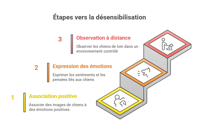 Un escalier qui montre les étapes vers la désensibilisation à cause de la cynophobie