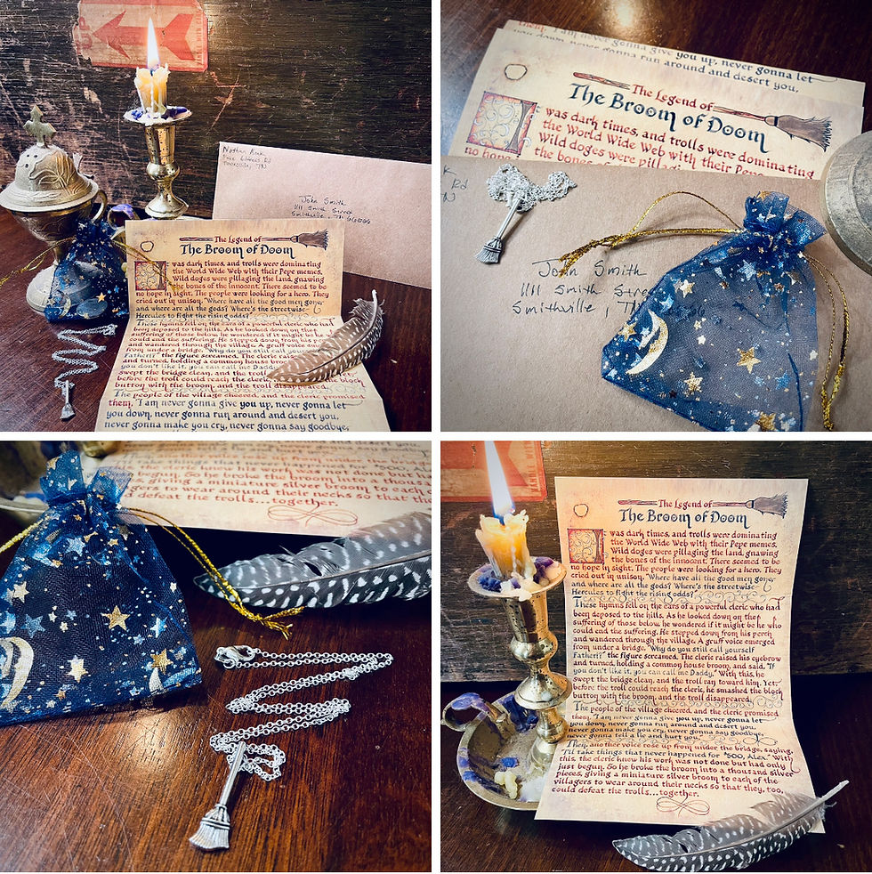 Thumbnail: Legend of the Broom of Doom silver necklace, magic bag, and storybook parchment