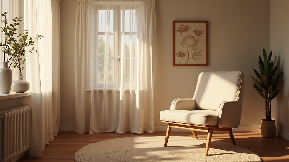 Eye-level view of a cozy therapy room with a comfortable chair and soft lighting