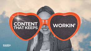 Veronica Di Polo smiling wearing large red heart-shaped sunglasses with white text "CONTENT THAT KEEPS WORKIN'" on lenses against cloudy sky background - Branding Momentum podcast blog cover about content that keeps working after you post
