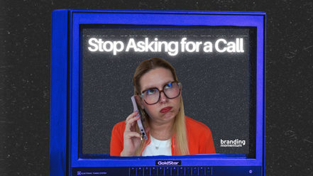 Woman with glasses bored on phone. Text reads "Stop Asking for a Call." Blue TV frame, black speckled background. Branding momentum logo.