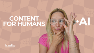 Woman in pink shirt thoughtfully poses with glasses in hand. Text reads "CONTENT FOR HUMANS + AI" on a peach checkered background.