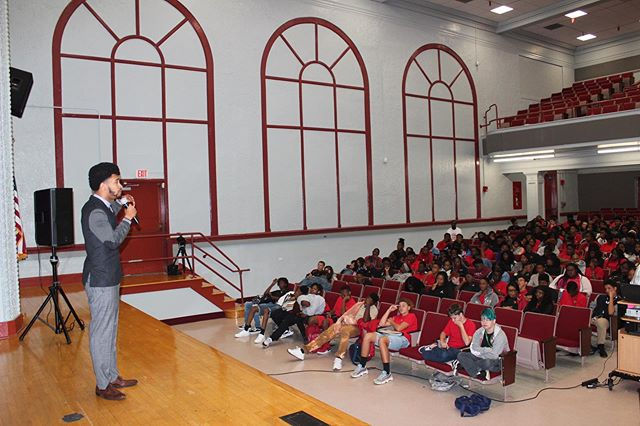 Keynote Speaker, Austin Franklin, inspires students at Andrew Jackson High School. Tour stop #1.