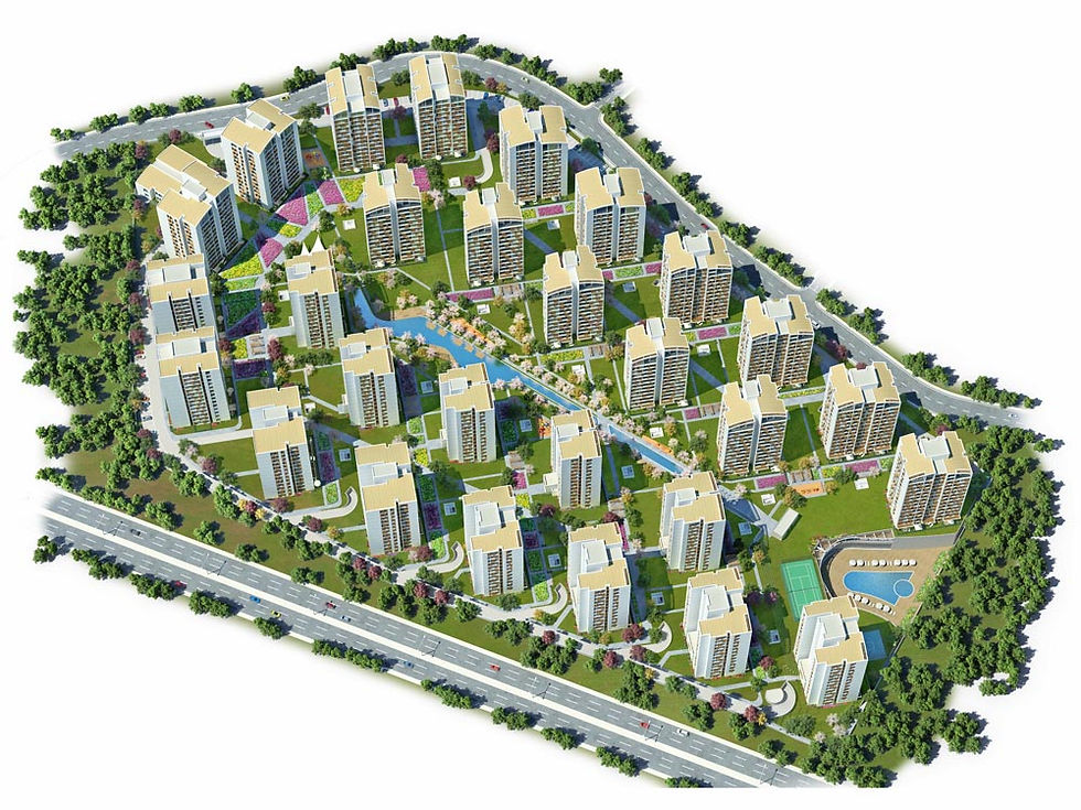 Resim İstanbul projesindeki blokların gölet çevresinde iç içe 2 çember şeklinde yerleştiklerini gösteren resim