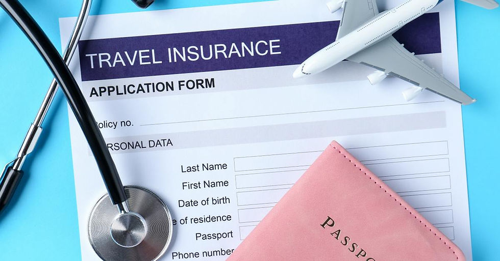 A travel insurance application form next to a stethoscope and a pink passport booklet against a light blue background.