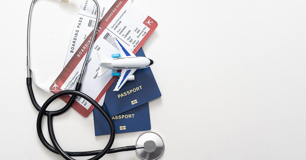 Two passports on top of each other sits next to boarding pass tickets, a stethoscope, and a miniature plane.