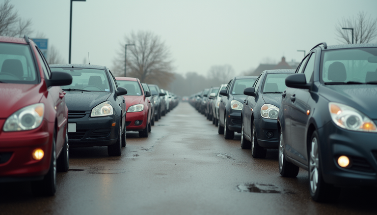 Eye-level view of a used car lot with various less popular car brands