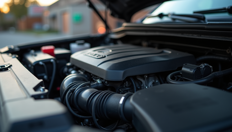 Eye-level view of a modern Ford F150 engine bay showing compact engine components