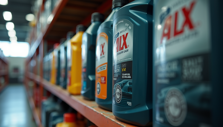 Eye-level view of engine oil bottles lined up on a shelf with labels visible