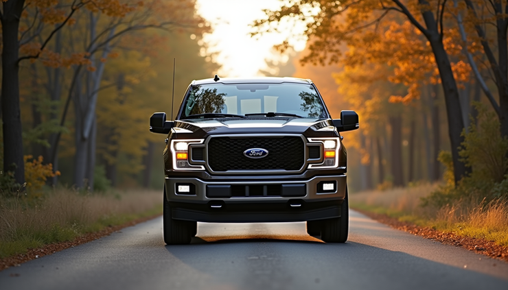 Eye-level view of a Ford F-150 3.5 EcoBoost parked on a rural road