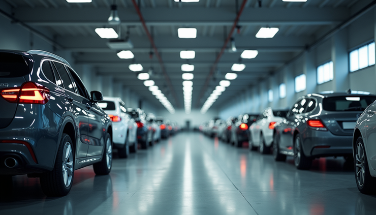 Eye-level view of a car dealership service area with vehicles waiting