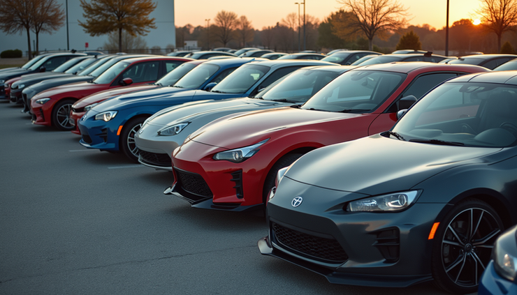 High angle view of a lineup of affordable sporty cars in a parking lot