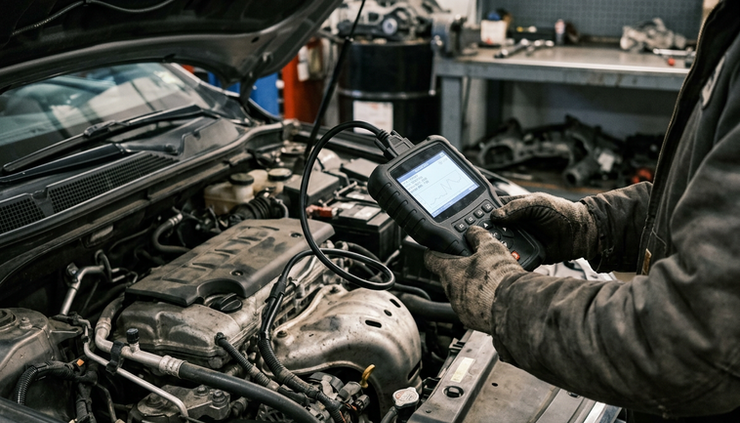 Close-up view of a mechanic using a scan tool beside an open vehicle hood.
