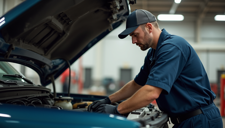 Eye-level view of a mechanic working under the hood of a 2003 Chevy Silverado