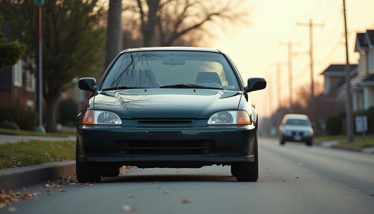 Eye-level view of a mid-90s Honda Civic parked on a suburban street