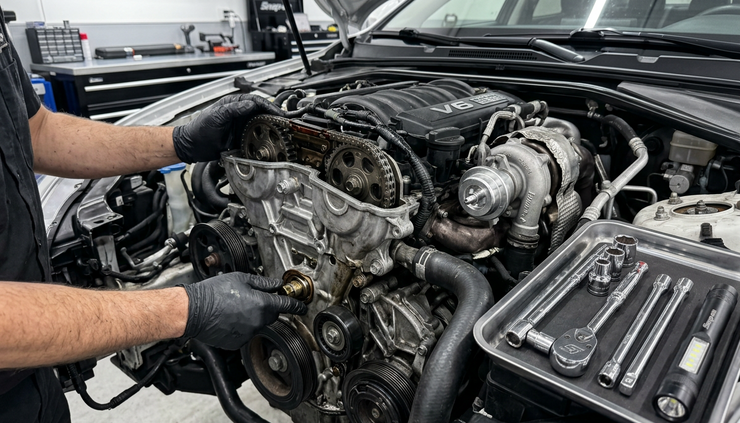 Close-up of a technician inspecting a timing cover area on a turbocharged V6 engine.