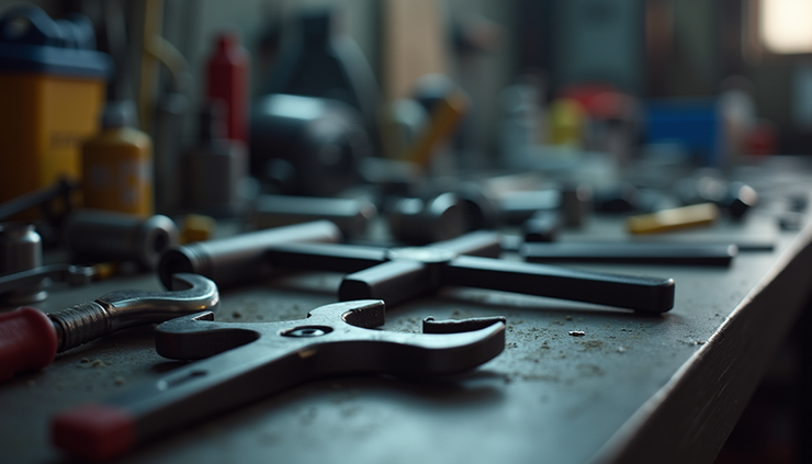 Close-up view of automotive tools and parts laid out on a workbench