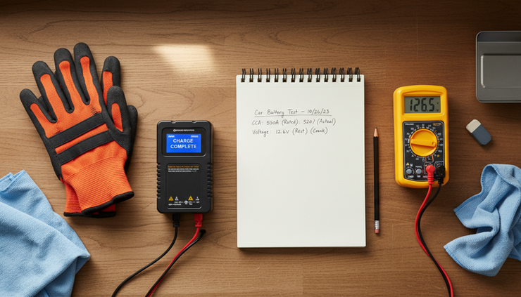 Overhead view of a clean workbench with gloves, a battery charger, and a notebook for test results.
