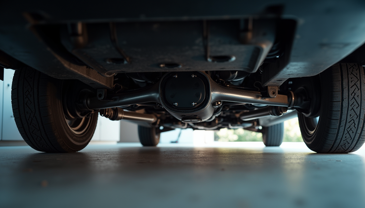 Eye-level view of car suspension components during home inspection