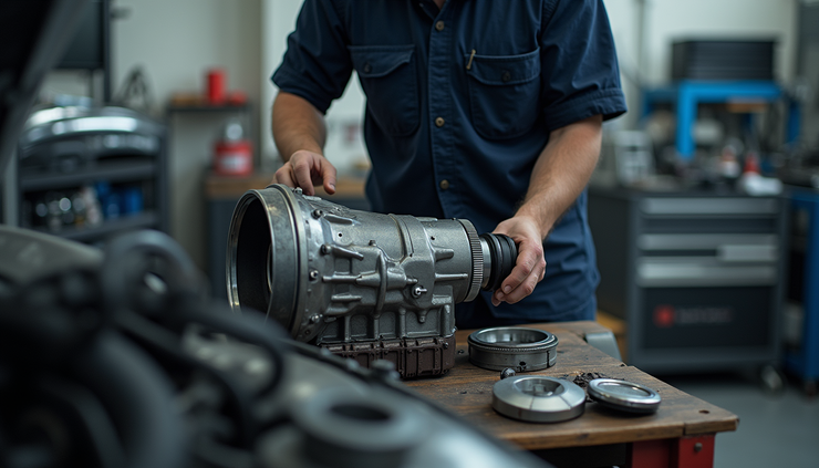 High angle view of a mechanic inspecting a car transmission on a workbench