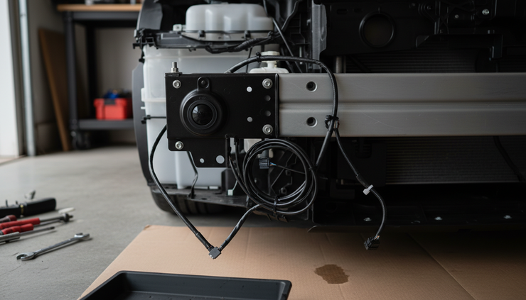 Low-angle view of a modern car front bumper with radar sensors and camera hardware exposed during repair