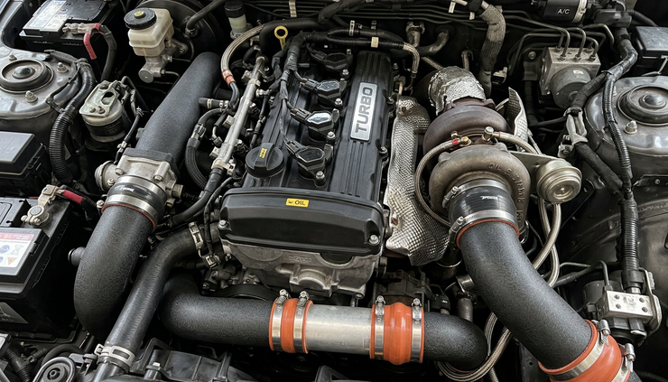 Close-up view of a compact turbocharged engine in a crowded engine bay