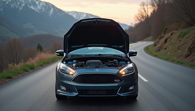 High angle view of a Ford Focus with its hood open on a roadside