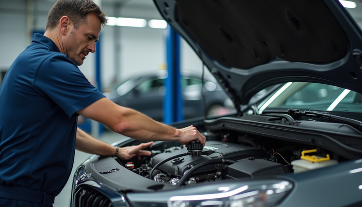 Eye-level view of a mechanic working on a car engine during a live training session