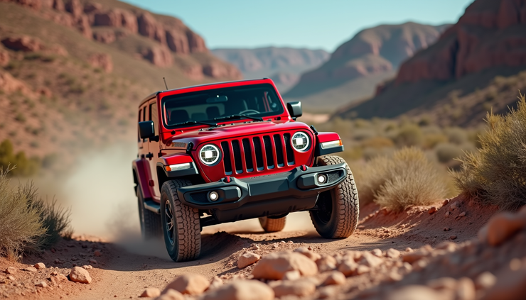 Close-up view of a red Jeep Wrangler driving on a rocky trail