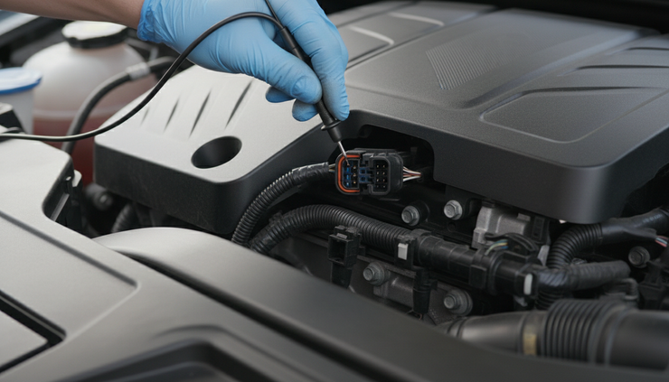 Eye-level view of a technician checking a wiring harness connector under the hood of a car