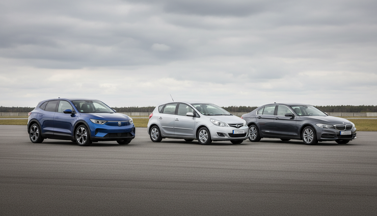 Eye-level view of three different family cars parked on a test track.