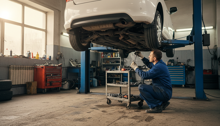 Eye-level view of a compact sedan being serviced in a small independent garage.