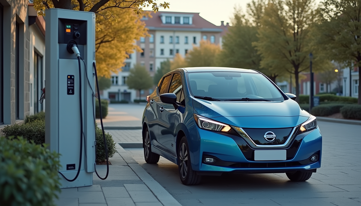 High angle view of a Nissan electric vehicle charging station