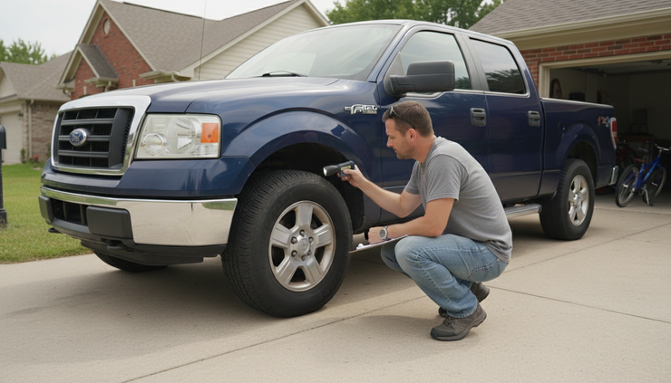 Eye-level view of a used pickup truck being inspected in a driveway