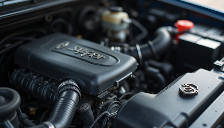 Close-up view of a Toyota truck engine with visible components