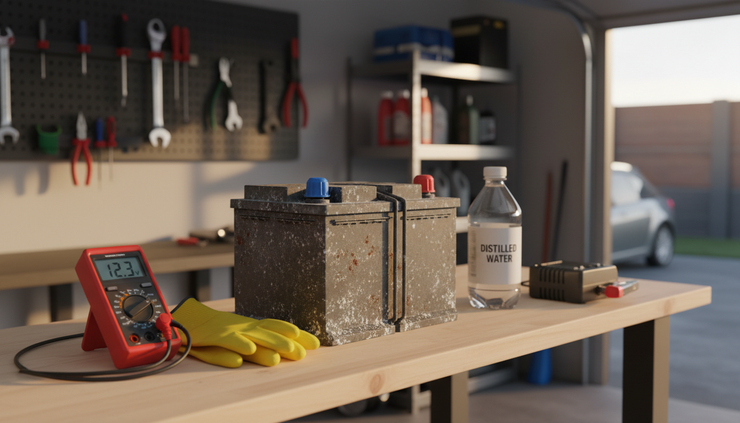 Eye-level view of a car battery on a garage workbench with simple testing tools nearby