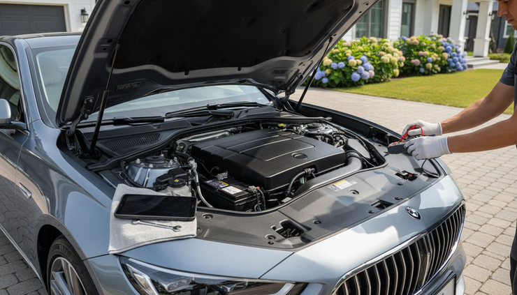 Eye-level view of a luxury sedan with its hood open in a home driveway.