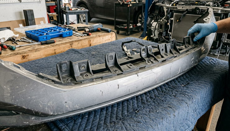 Close-up view of mounting tabs on a removed car bumper cover