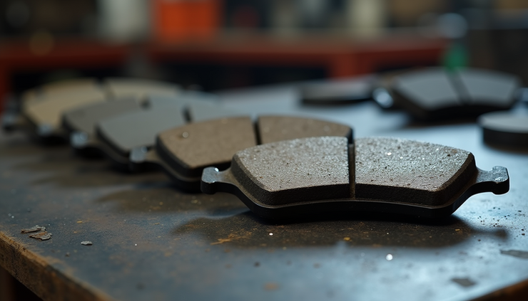 Close-up view of brake pads showing different materials and textures
